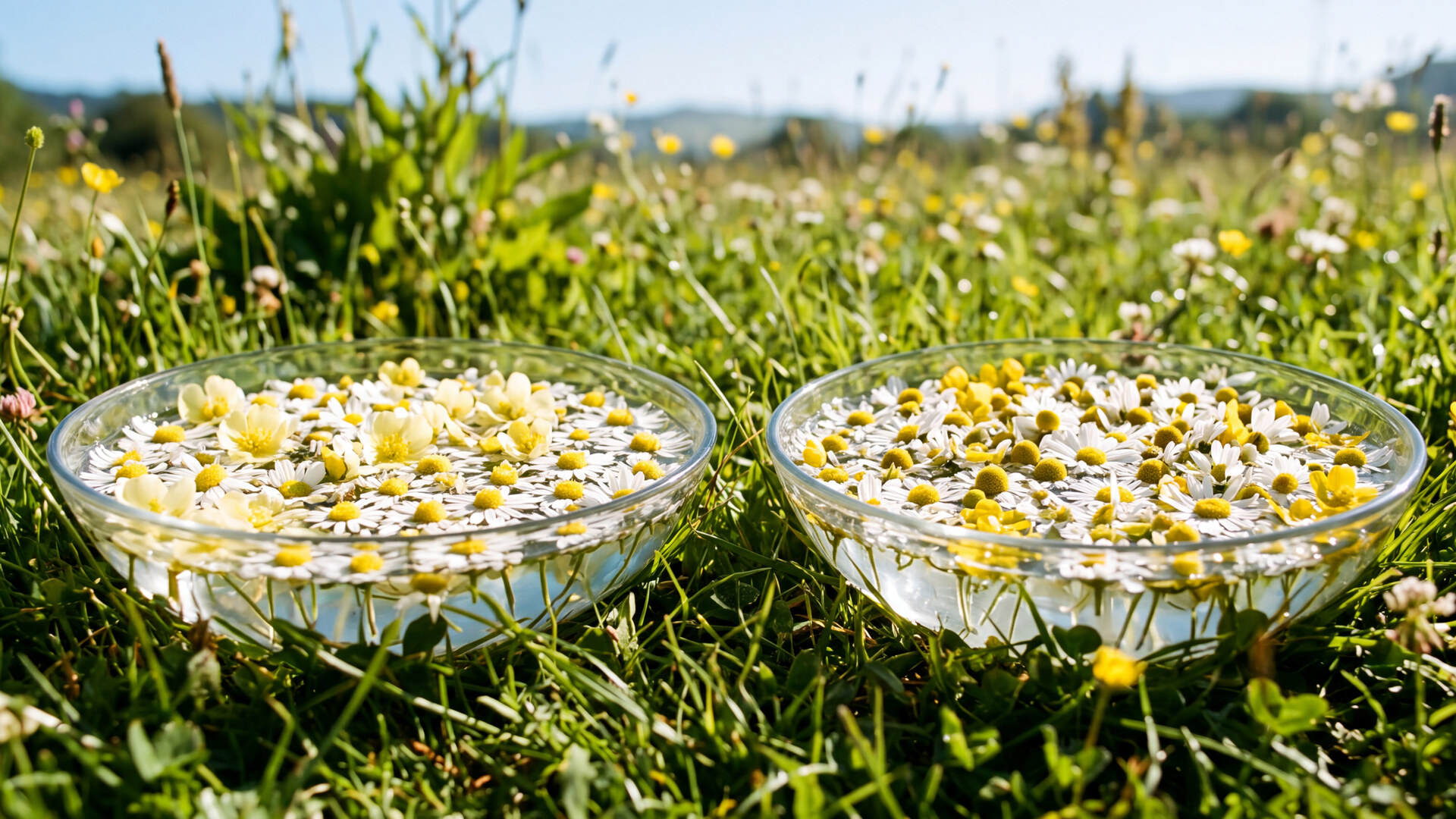 Glass bowls of spring water and flower heads set out in sunlight, the sun method of preparing a flower essence.