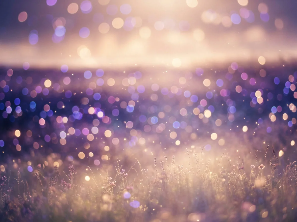 Soft dreamy field of glowing violet and champagne-gold bokeh light
