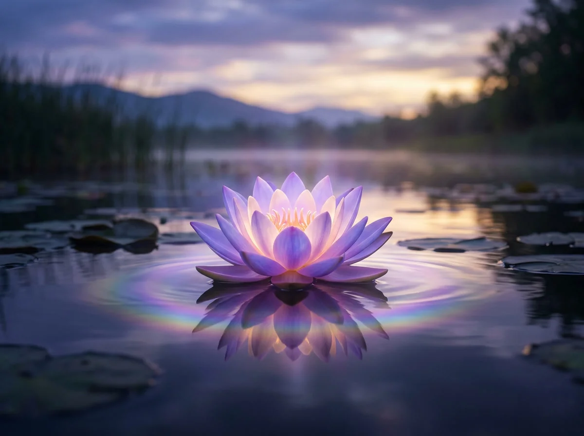 Luminous violet lotus flower resting on still water at dawn with a soft rainbow reflection