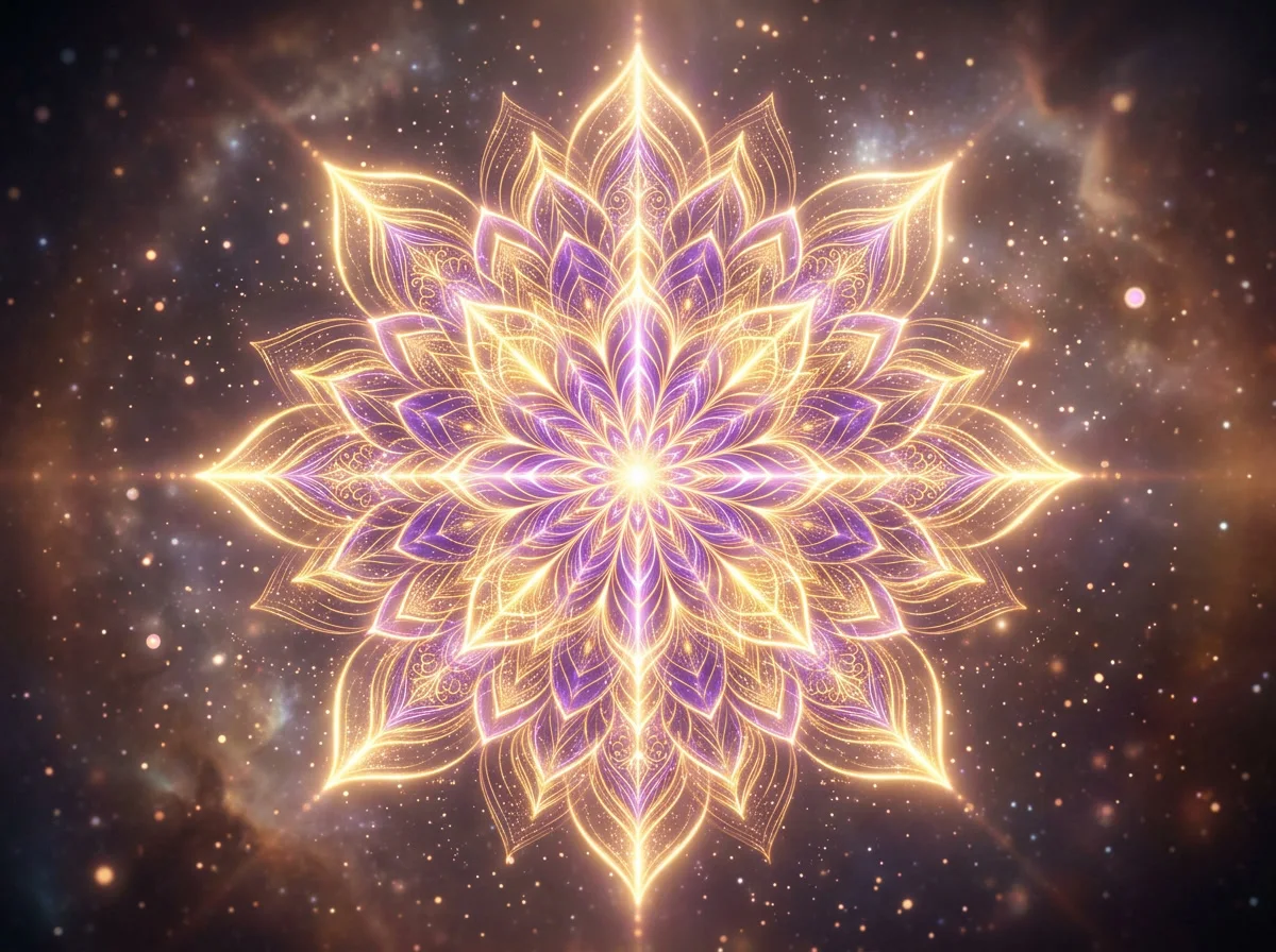 A luminous mandala of golden and violet light blooming outward