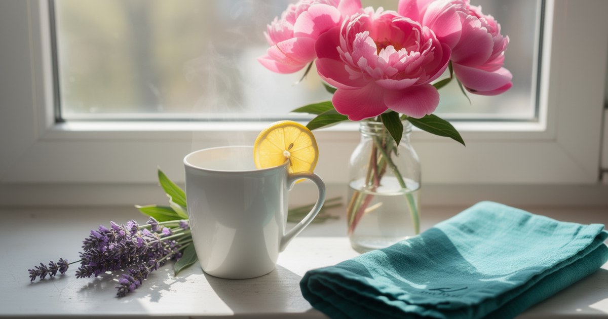 Steaming mug of warm lemon water beside purple lavender, pink peonies, and a teal linen cloth on a sunlit windowsill