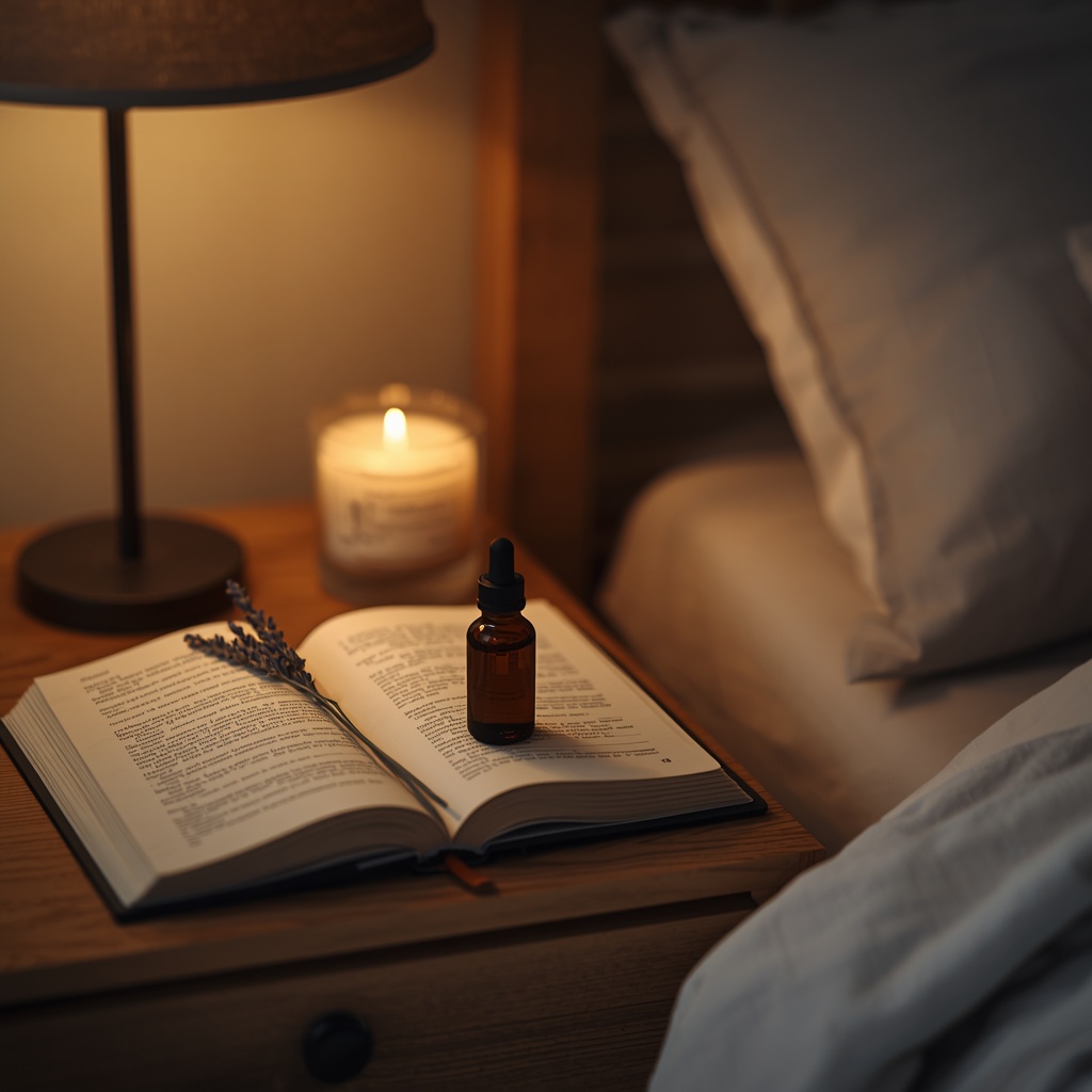 An amber glass essential oil dropper bottle rests on an open book beside a lit candle, a lamp, and a sprig of dried lavender on a wooden bedside table.