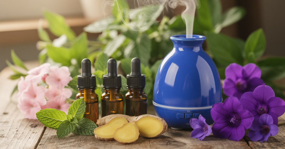 Small amber glass bottles of peppermint and ginger essential oil beside fresh mint leaves and a blue ceramic diffuser releasing mist on a wood table