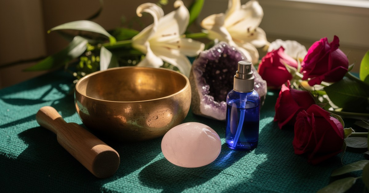 Brass singing bowl and wooden mallet beside deep purple amethyst, pink rose quartz, and a small blue glass spray bottle on a green woven cloth