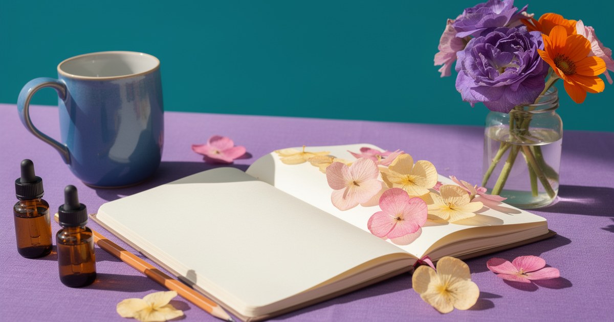 An open notebook with pressed pink and yellow flowers on a violet tablecloth, beside a blue mug, two amber dropper bottles, a pencil and a jar of purple and orange blooms.