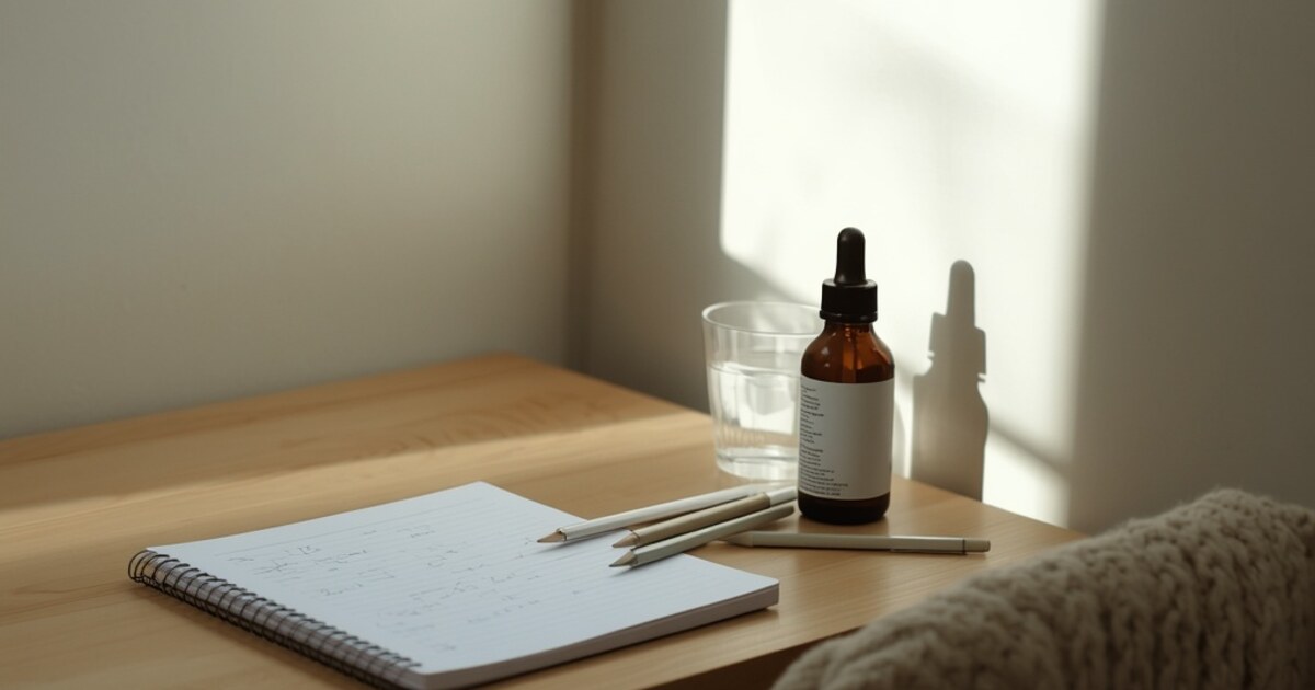 A child's light wood desk in afternoon sunlight holding an open spiral notebook with indistinct handwriting, several white pencils, a clear glass of water and a plain amber glass dropper bottle, with a cream knitted throw over the chair back.