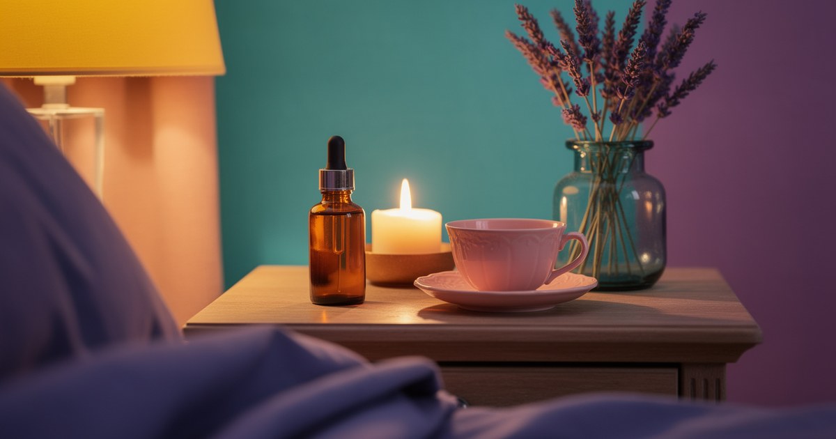 A bedside table with an amber dropper bottle, a lit candle, a pink teacup and lavender in a glass vase, with a yellow lamp, teal and violet walls and indigo bedding.