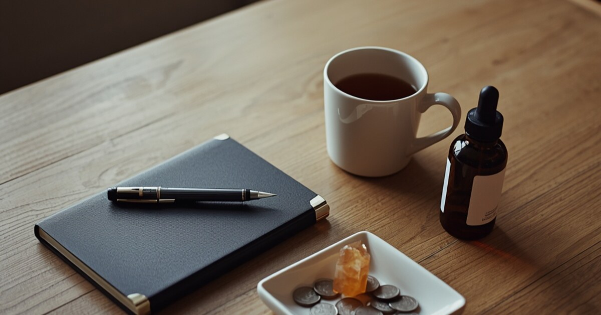 A wooden kitchen table in warm light holding a closed dark ledger notebook with a pen laid across it, a white ceramic dish of silver coins with a single citrine crystal point, a white mug of dark tea, and a plain amber glass dropper bottle with a blank label.