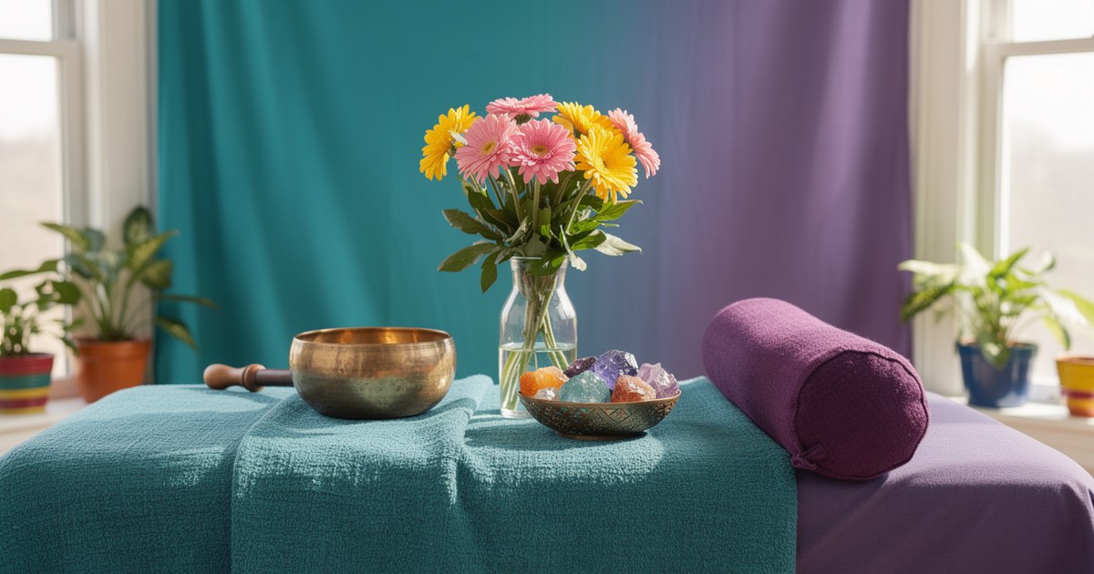 A session table draped in a teal blanket with a violet bolster, a brass singing bowl, a dish of colored crystals and a vase of pink and yellow gerberas by bright windows.