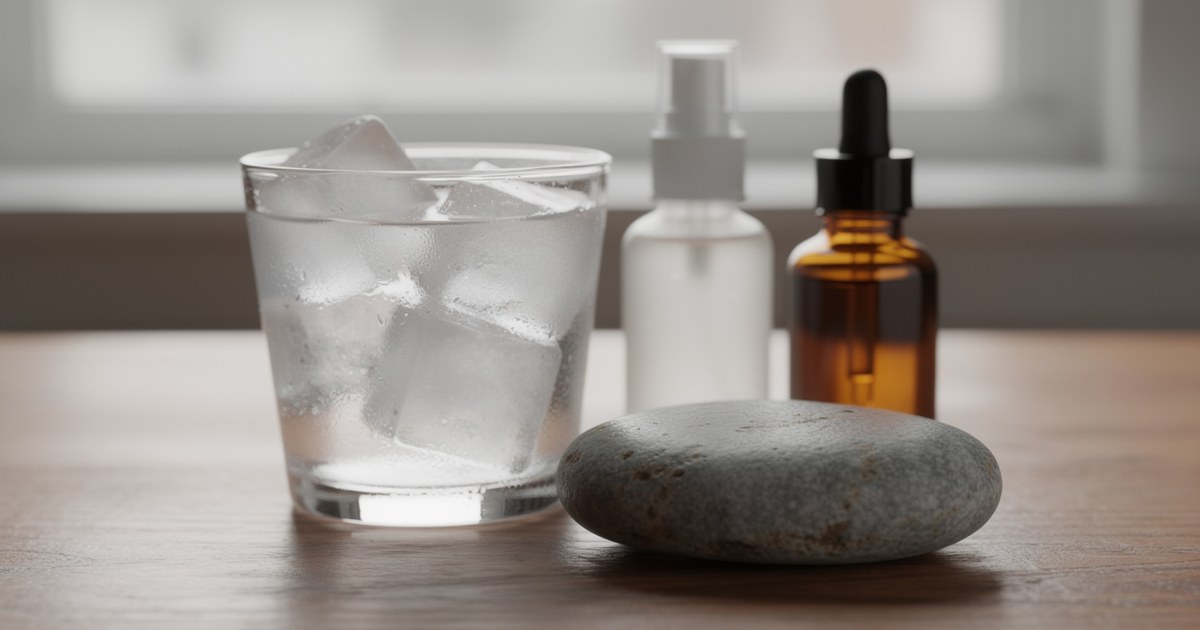 A glass of ice water, a white spray bottle, an amber dropper bottle and a large smooth grey river stone on a wooden table by a window
