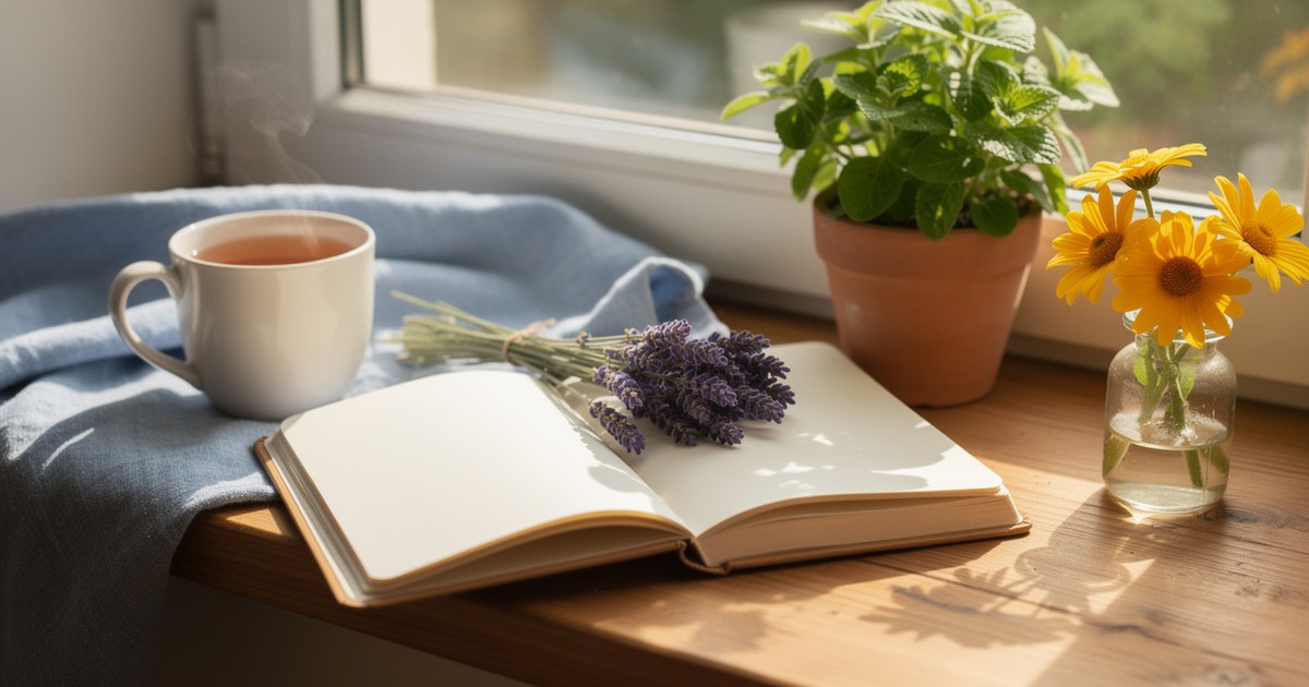 Open journal, a cup of herbal tea, fresh purple lavender, yellow daisies and a green plant on a sunlit windowsill