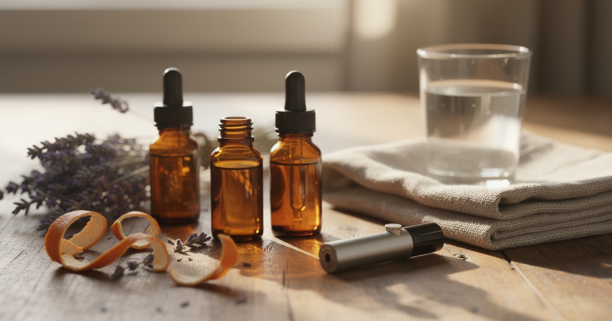 Three amber glass essential oil dropper bottles on a sunlit wooden table beside dried lavender, curls of orange peel, a silver personal inhaler tube, a folded linen cloth and a glass of water.