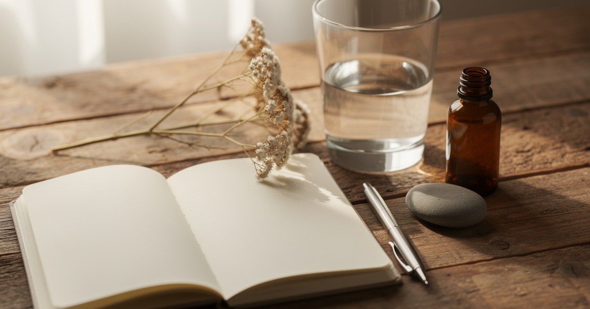 An open blank notebook and a slim silver pen on a weathered wooden table, beside a clear glass of water, a small amber glass bottle, a smooth gray stone and a sprig of dried white flowers in soft window light.