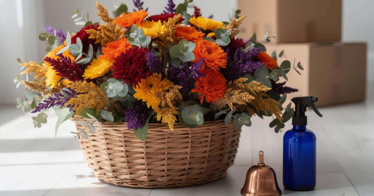A woven basket of dried orange, red, yellow and purple flowers with green eucalyptus stands on a white floor beside a blue glass spray bottle, a copper bell and moving boxes