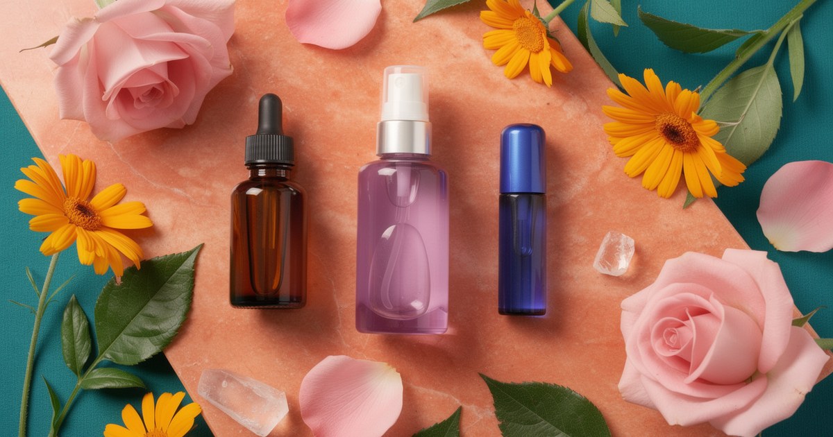 An amber dropper bottle, a lilac spray bottle and a cobalt blue rollerball on a coral marble slab, with pink roses, orange daisies, rose petals and clear quartz.