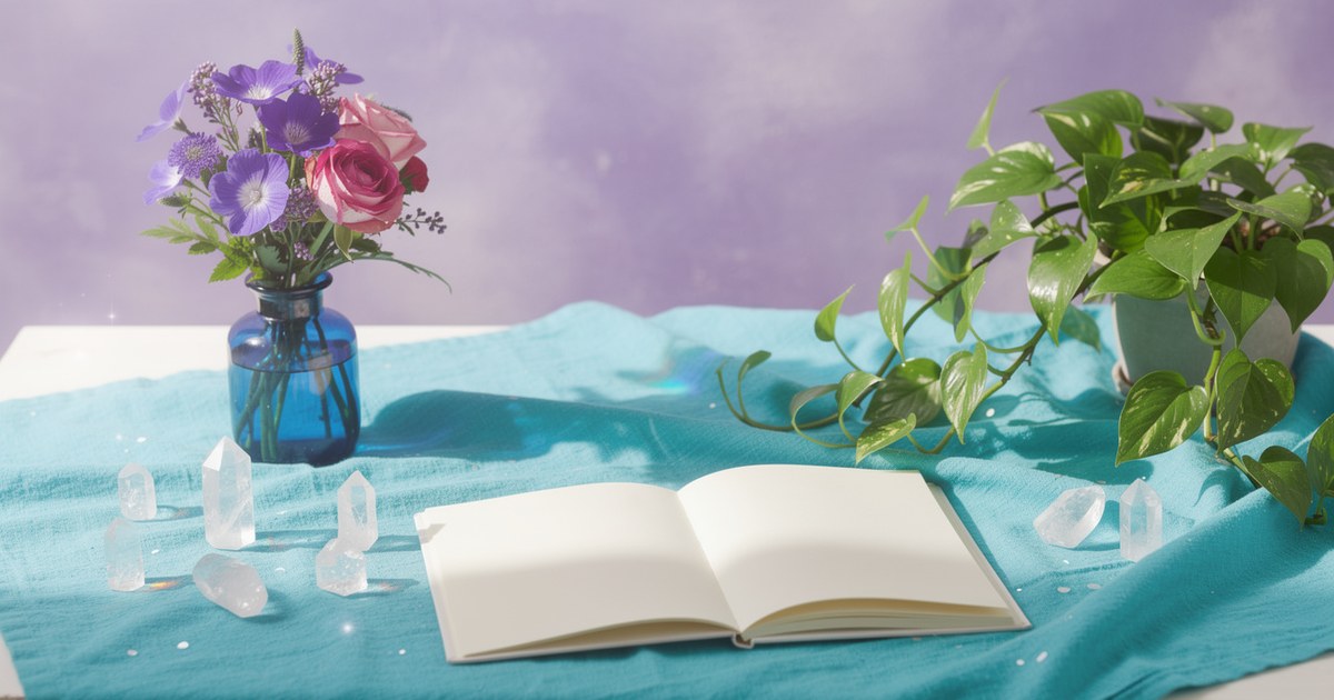 Sunlit desk with a turquoise cloth, violet and pink fresh flowers in a blue glass jar, a green plant and clear crystals beside an open notebook