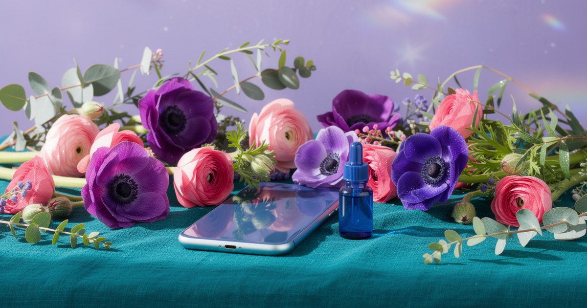 A phone resting face down on a teal linen cloth beside pink ranunculus, violet anemones, green eucalyptus and a small blue glass bottle in bright daylight