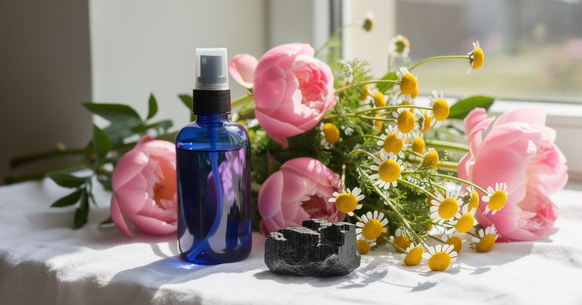 Black tourmaline stone, a blue glass spray bottle and fresh pink and yellow flowers resting on a white linen cloth beside a window