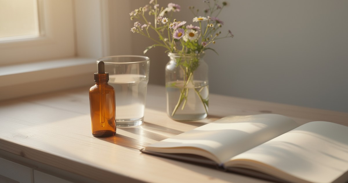 An amber dropper bottle and a glass of water on a pale wood table by a sunlit window, beside a jar of wildflowers and an open book with blank pages