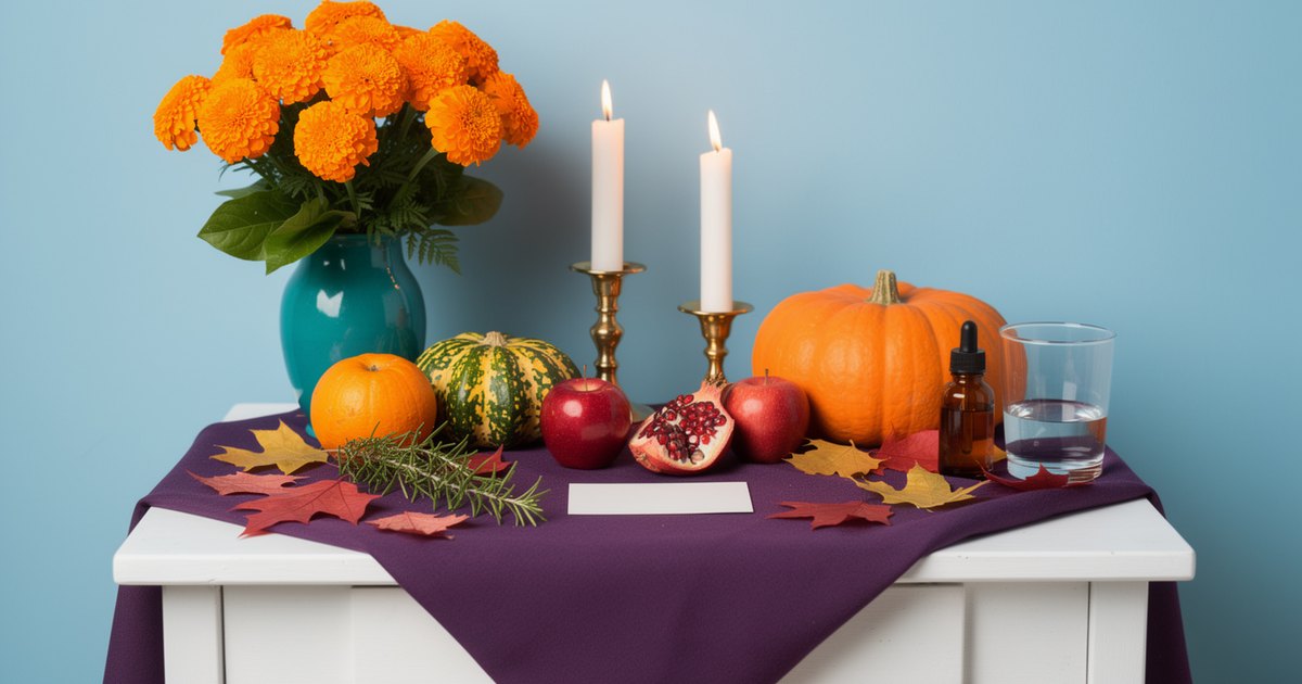 A Samhain ancestor altar on a white side table: violet cloth, two lit white candles, orange marigolds in a teal vase, pumpkins, red apples, a pomegranate and autumn leaves