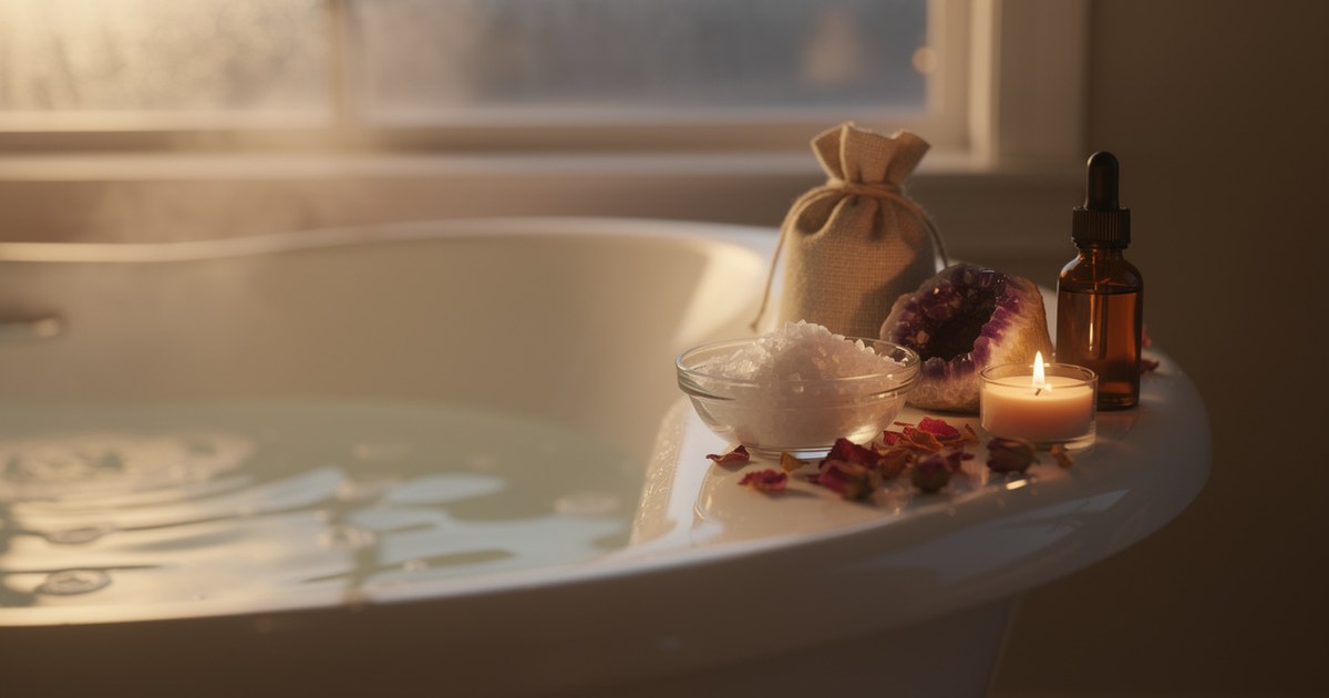 A freestanding bathtub filled with water beside a misty window, with a tray holding a glass bowl of bath salt, a linen drawstring pouch, an amethyst geode, a lit candle, an amber dropper bottle and scattered rose petals in warm light