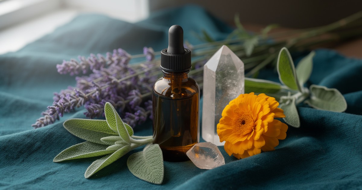 Small amber glass dropper bottle on a teal cloth beside fresh purple lavender, a yellow marigold, and green sage leaves in soft window light