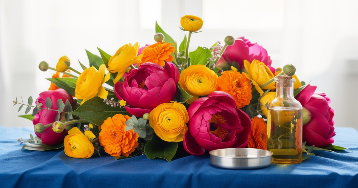 A bright still life of magenta peonies, orange marigolds and yellow ranunculus beside a small glass bottle of golden oil on a cobalt blue cloth