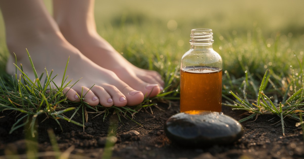 Bare feet standing on dew-covered grass and dark soil next to an amber glass bottle resting on a smooth dark stone in early morning light