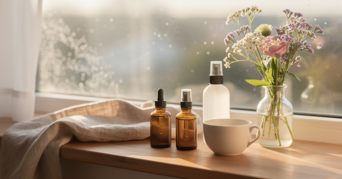Two amber dropper bottles, a white spray bottle and a cream ceramic mug on a sunlit wooden windowsill beside a glass jar of pink and white flowers