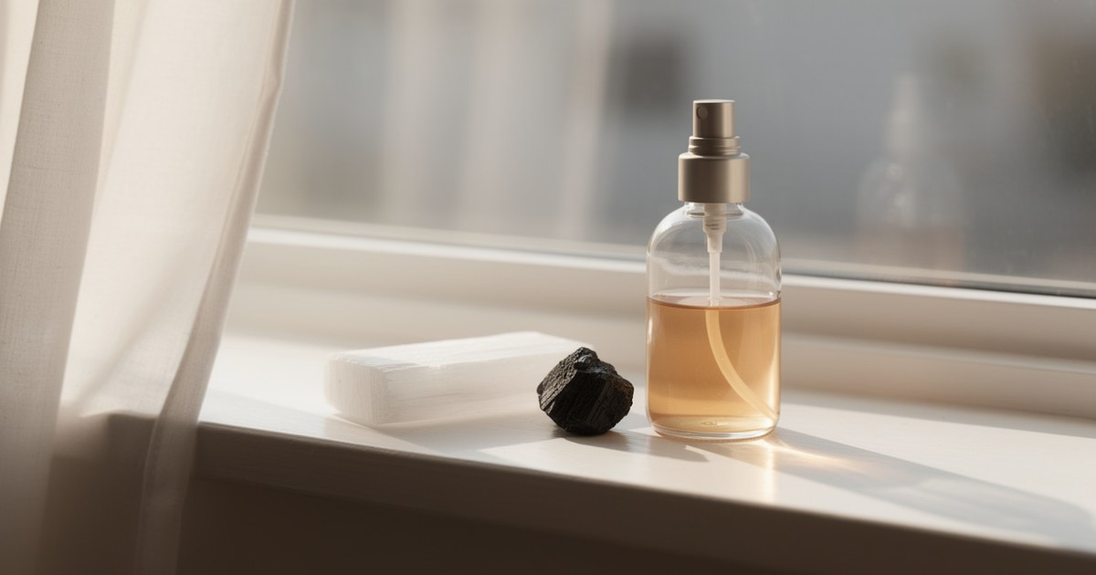 A clear glass mist bottle of pale amber liquid standing on a white windowsill beside a rough black tourmaline stone and a white selenite bar, lit through a sheer curtain