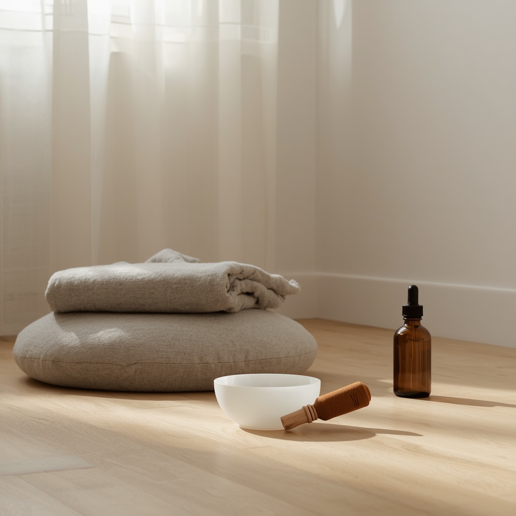 A small white singing bowl and a wooden mallet on a pale wood floor beside a round linen floor cushion, a folded gray blanket and an amber glass dropper bottle, lit through a sheer curtain