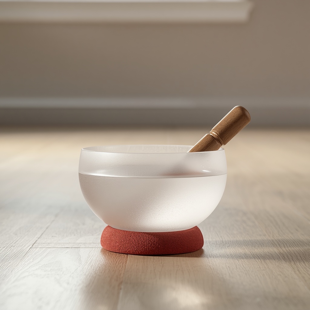A frosted white crystal singing bowl resting on a red ring cushion on a pale wood floor, partly filled with water, with a wooden mallet lying across its rim in soft daylight