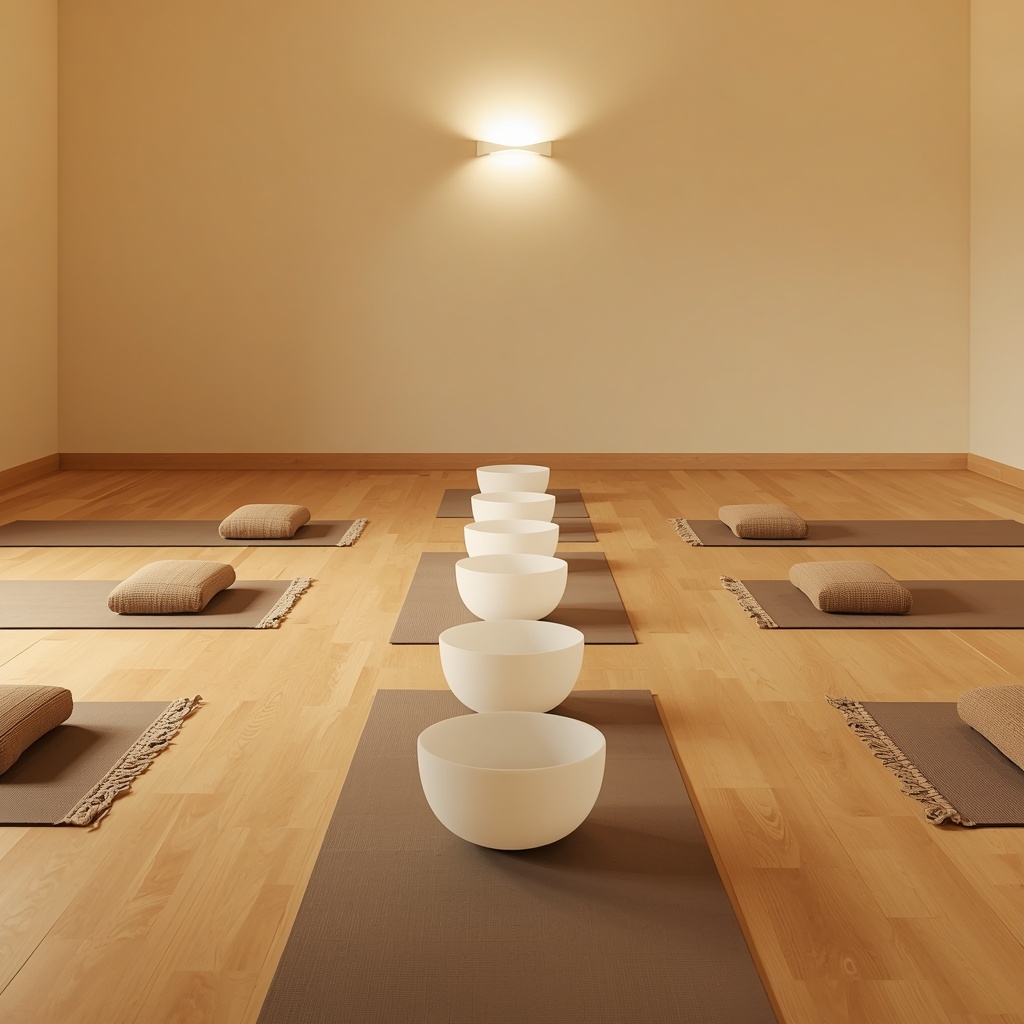 Six white singing bowls in graduated sizes lined up down the center of an empty studio floor, with brown mats and woven cushions laid out on both sides under a single warm wall light