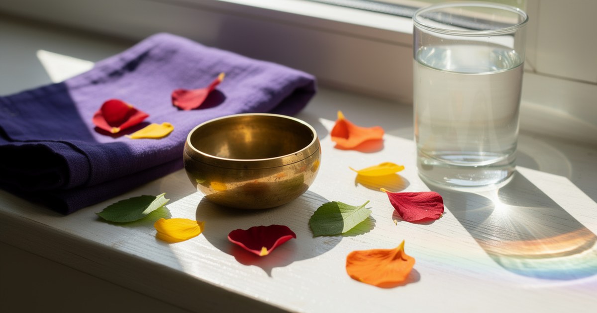 A brass singing bowl, a folded purple cloth and scattered red, orange and yellow petals on a sunlit windowsill, with a glass of water casting a small rainbow