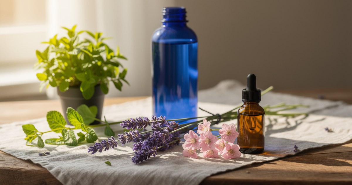 A wooden tray holding a blue glass water bottle, purple lavender sprigs, and an amber dropper bottle beside a small green plant in soft morning light