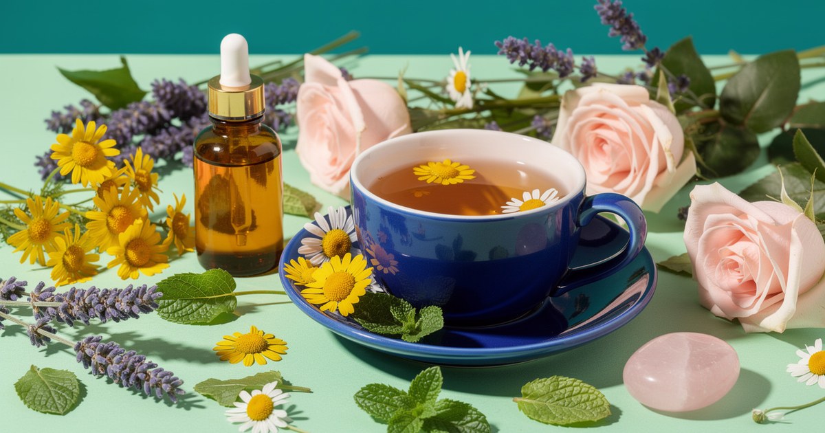 A blue cup of chamomile tea on a mint green table with an amber dropper bottle, lavender, yellow chamomile flowers, pink roses, mint leaves and rose quartz.