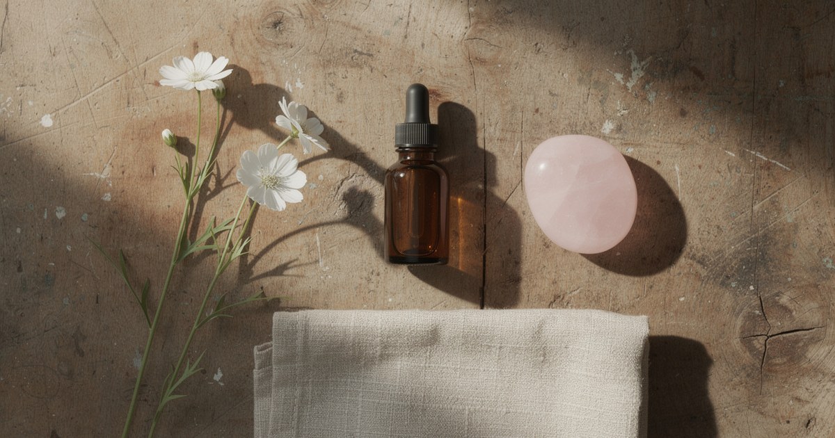An amber glass dropper bottle on a sunlit weathered plaster surface, beside a stem of small white flowers, a polished rose quartz palm stone and a folded linen cloth