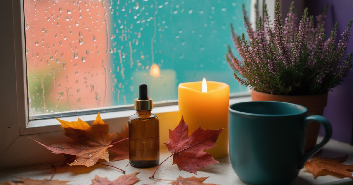 A rainy window with a bright sill holding an amber dropper bottle, a lit yellow candle, a teal mug, red and orange maple leaves and a pot of purple heather.