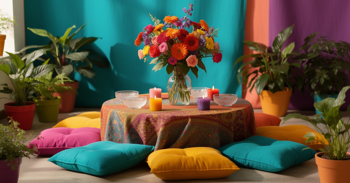 A living room set for a gathering, with pink, teal and yellow floor cushions around a low patterned table holding candles, glass bowls and bright mixed flowers.