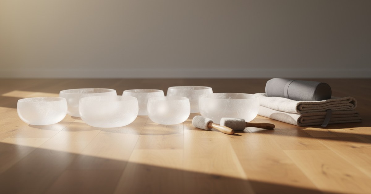 Seven frosted white crystal singing bowls in graduated sizes arranged on a pale wood floor beside two suede mallets, a folded white towel, a tan blanket and a gray bolster against a plain wall in soft daylight