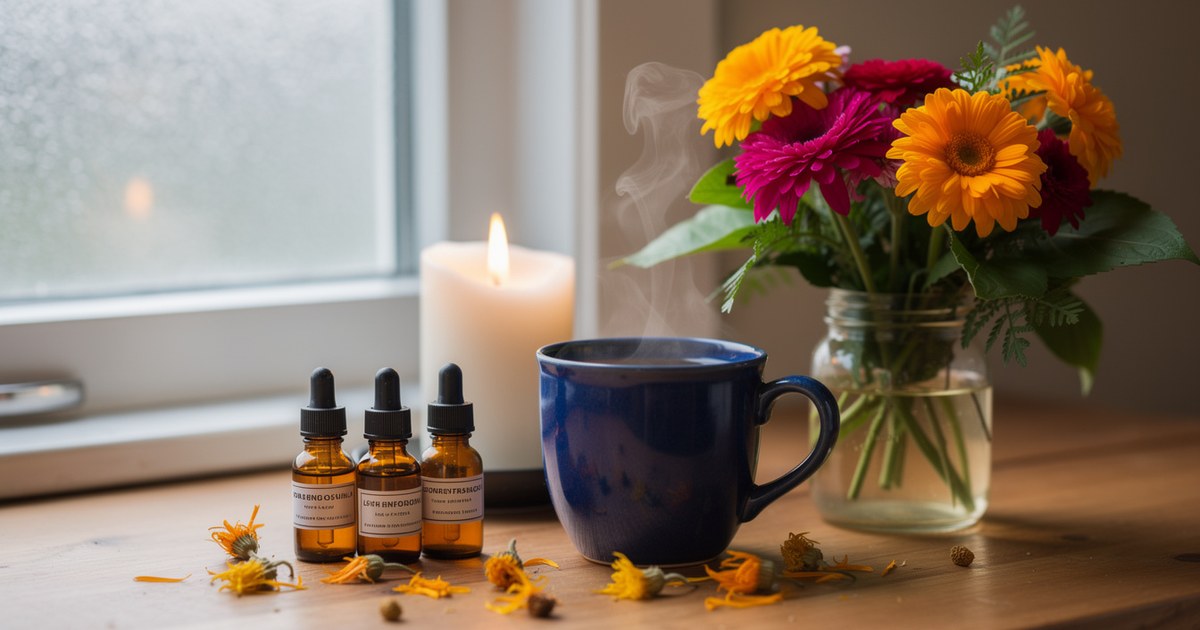 Amber glass flower essence bottles, a blue ceramic mug of tea, and dried yellow flowers arranged on a wooden table beside a frosted window in morning light