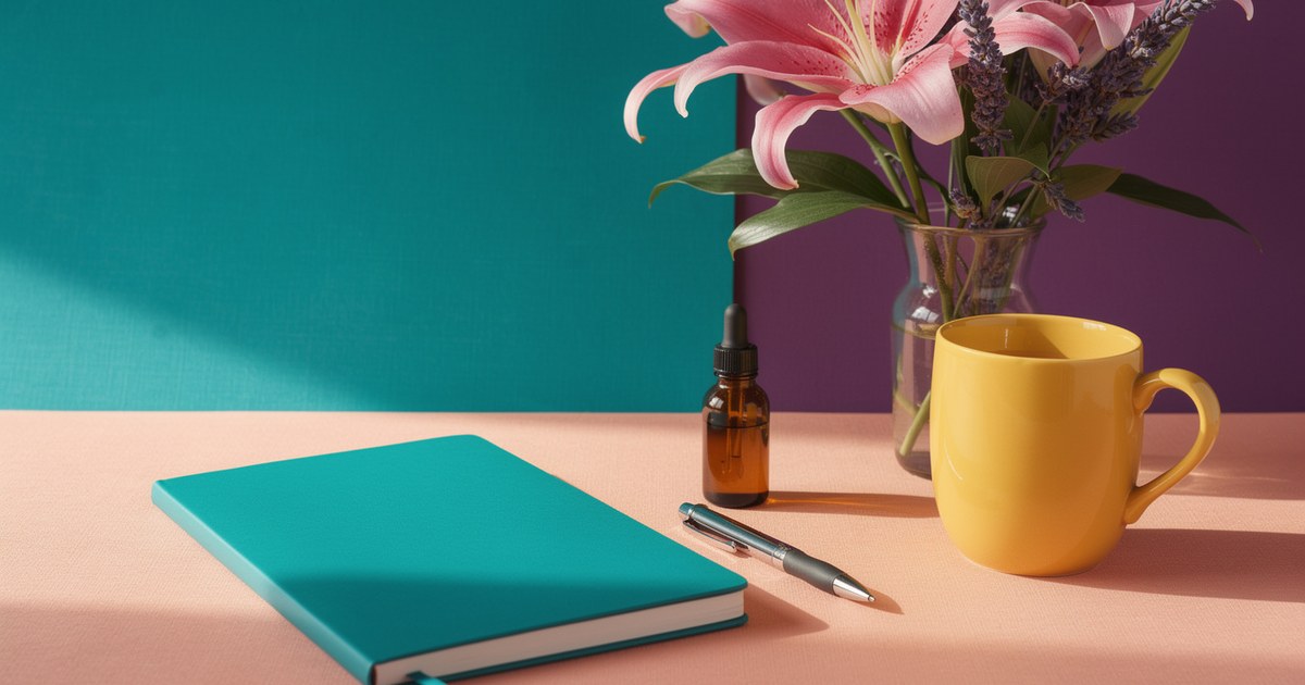 A teal notebook, a pen, a small amber dropper bottle and a yellow mug on a peach table, with pink lilies and lavender in a glass vase against teal and violet walls.