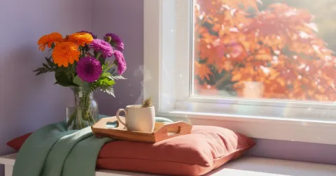 A sunlit window seat by a lavender wall with a coral cushion, a draped sage green throw, a mug of tea on a wooden tray, orange and purple flowers and maple leaves outside