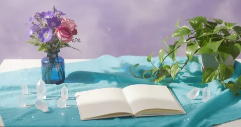 Sunlit desk with a turquoise cloth, violet and pink fresh flowers in a blue glass jar, a green plant and clear crystals beside an open notebook