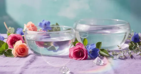 Two clear glass bowls of water on a lavender linen cloth beside pink and blue blossoms and green leaves, with prismatic light on the table