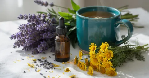 Sprigs of purple lavender and yellow chamomile beside a teal mug of tea and a small dropper bottle on white linen in soft window light