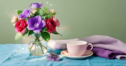 Sunday afternoon table against a sage green wall with a blue linen cloth, pink and violet flowers, a small glass dropper, a teacup and an open notebook in bright daylight