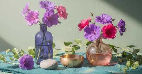 Sage green wall behind a teal linen cloth holding violet and pink blooms in colored glass, a smooth river stone and a small singing bowl in bright daylight
