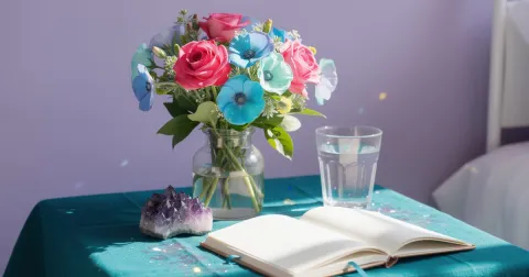 Bedside table against a lavender wall holding teal linen, pink and blue flowers in clear glass, an amethyst cluster and a notebook in bright daylight