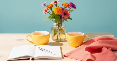 Two yellow cups of herbal tea, an open blank notebook with a pen and a coral cloth on a wood table, with orange, pink and purple flowers in a glass jar
